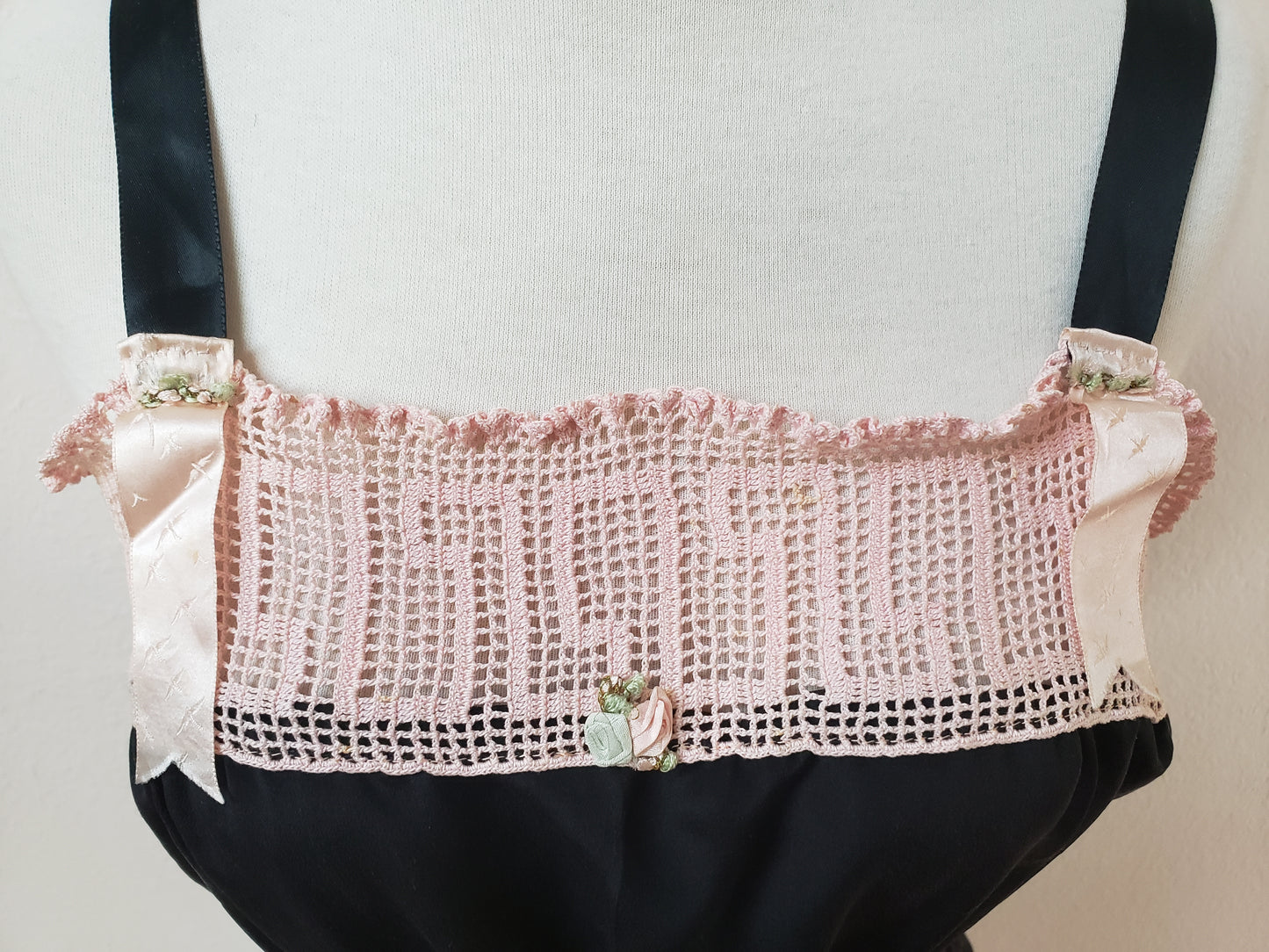 Black camisole with vintage pink crochet yoke