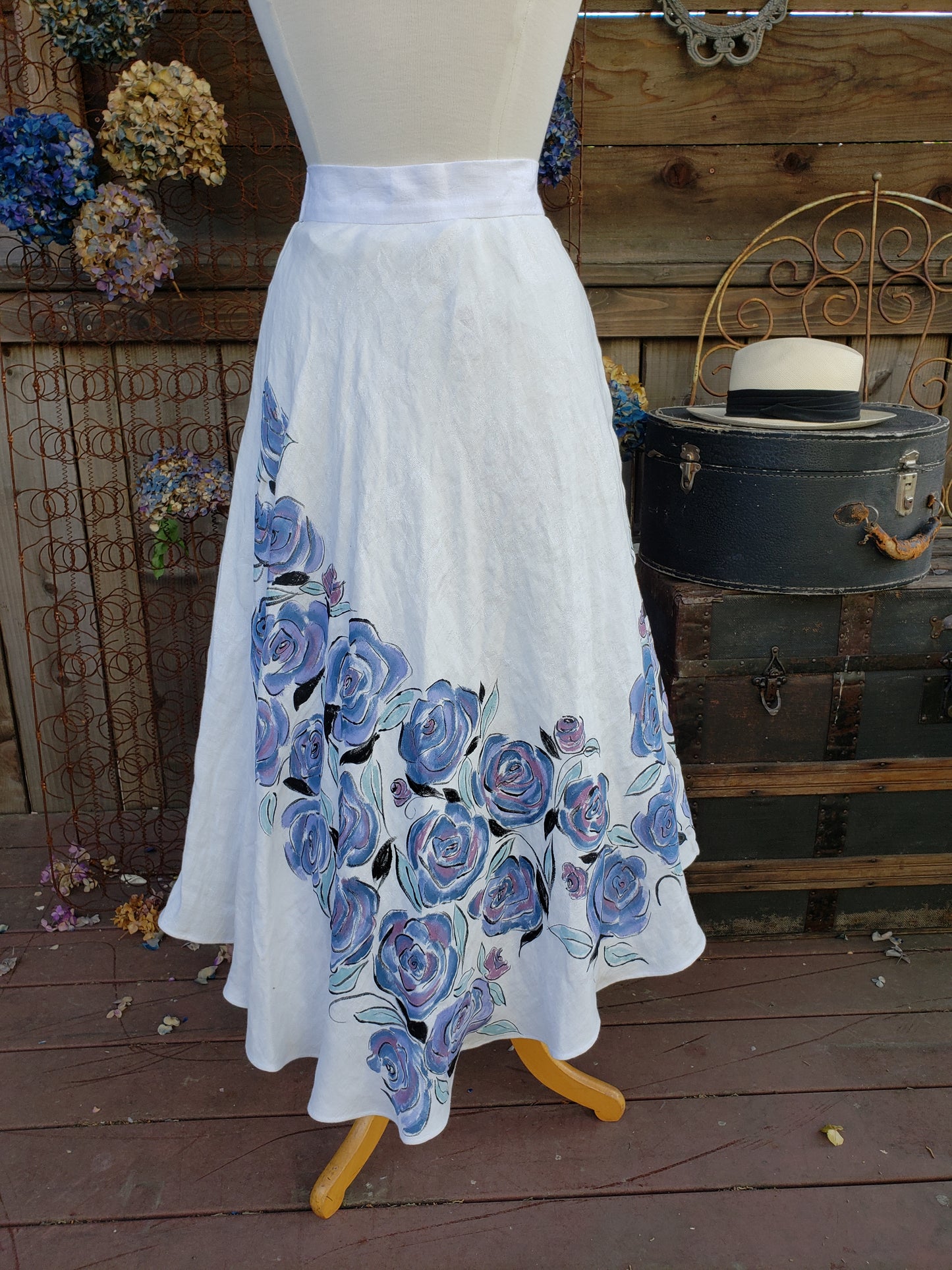 Handpainted black and blue rose skirt