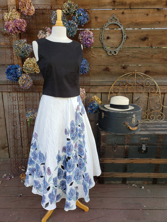 Handpainted black and blue rose skirt