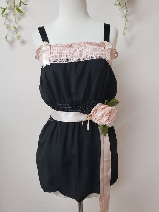 Black camisole with vintage pink crochet yoke